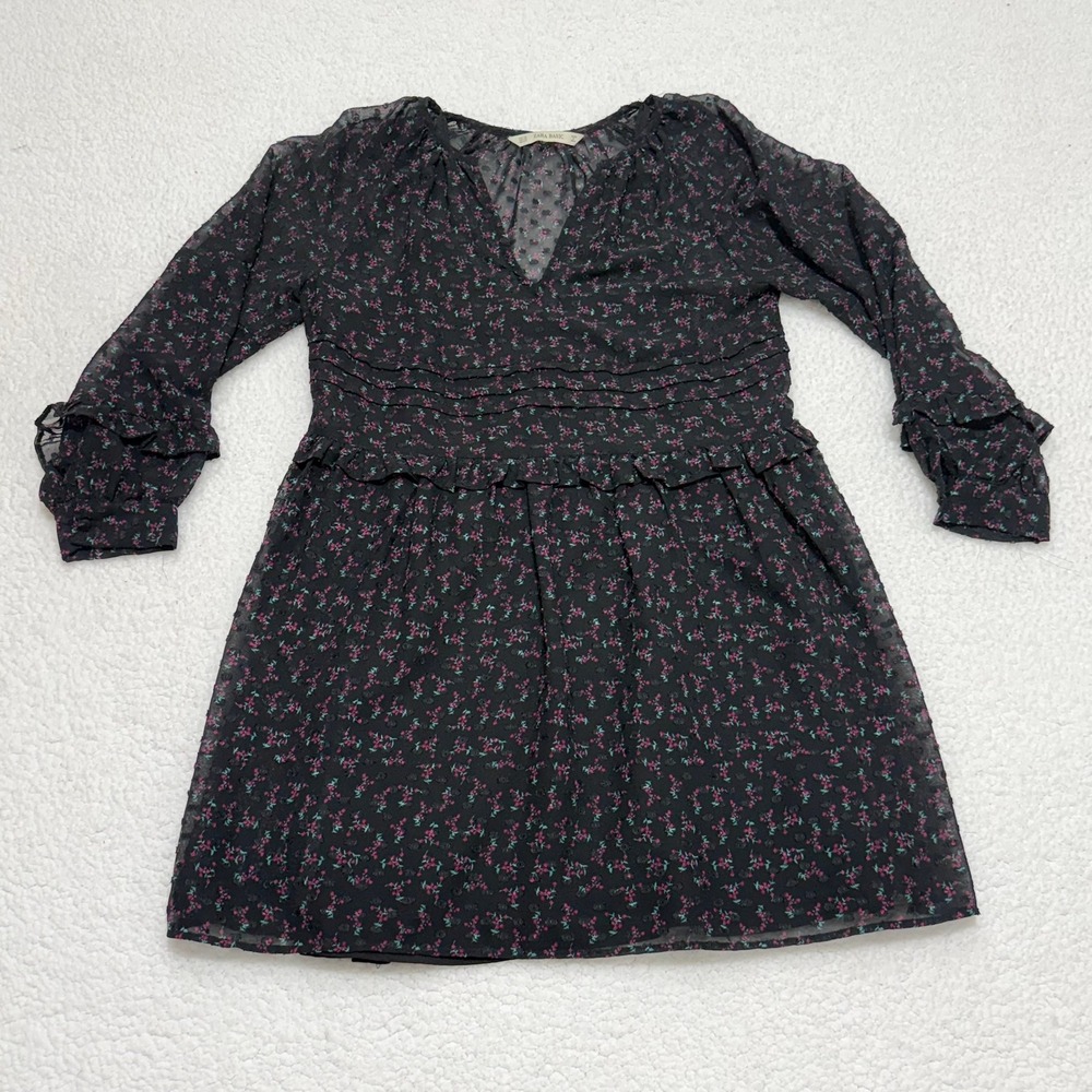 Zara Basic Black Floral Chiffon Mini Dress XS‎ Sheer Long Sleeve Ruffle Trim